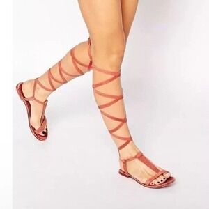 Free People Dahlia Sz 37 Red Leather Gladiator Lace Up Tie Up Flat Sandals Boho